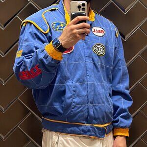 Nike Size Medium (M) Vintage Style Racing Bomber Jacket Blue Yellow Patches Quil